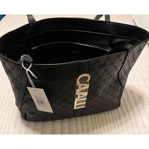 Cavalli Sandra Shopper Tote Bag – Black Deboss Logo, Large Carryall, NWT - Picture 2 of 6